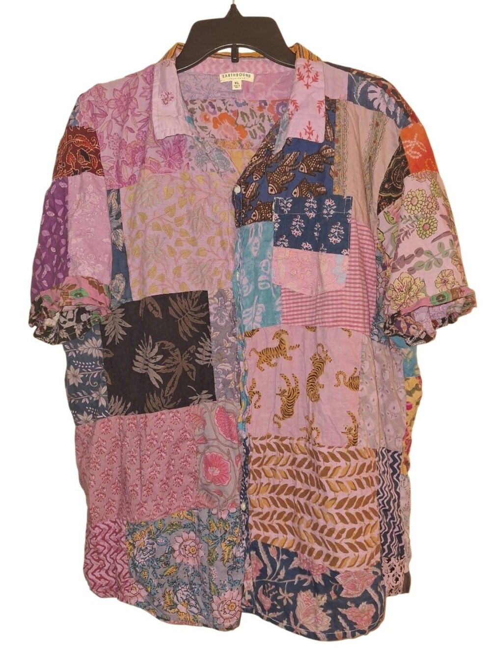 Earthbound Patchwork Multimedia Button Up %100 Cotton Top Size XL
